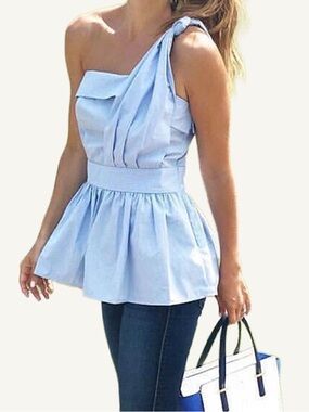 NWT Fabric Mache One Shoulder Blue Stripe Peplum Top Cotton Blend